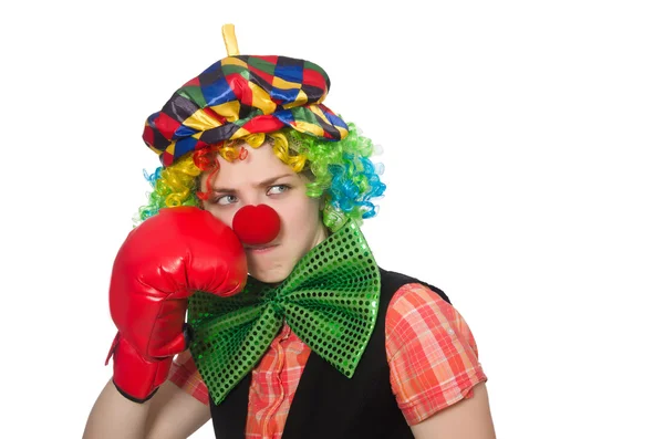 Clown femelle avec des gants de boîte isolés sur blanc — Photo