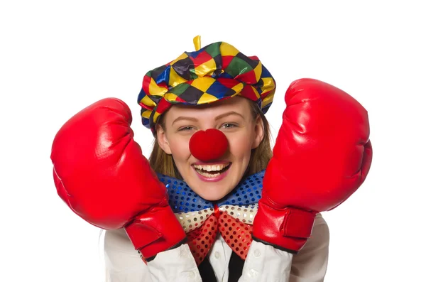Jolie clown femelle avec des gants de boîte isolés sur blanc — Photo