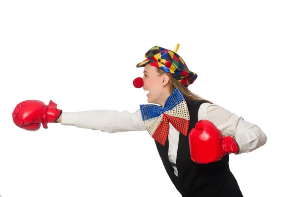 Jolie clown femelle avec des gants de boîte isolés sur blanc — Photo