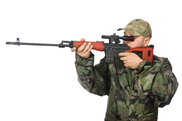 Solider holding gun isolated on white — Stock Photo, Image