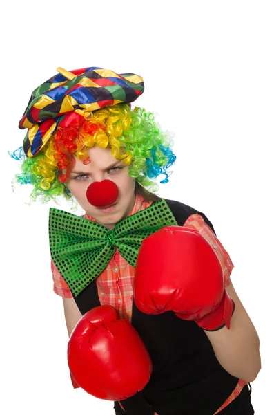 Clownin mit Boxhandschuhen isoliert auf weiß — Stockfoto