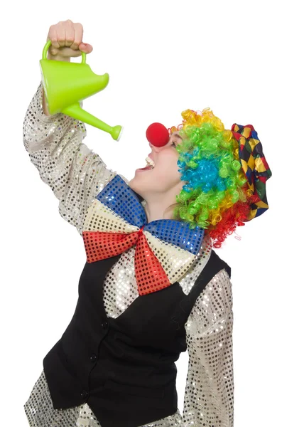 Samice klaun s vodou plechovka izolované na bílém — Stock fotografie