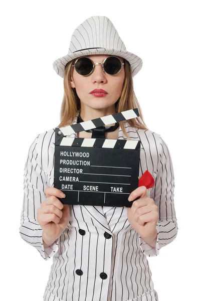 Mooi meisje in gestreepte kleding bedrijf Filmklapper geïsoleerd — Stockfoto