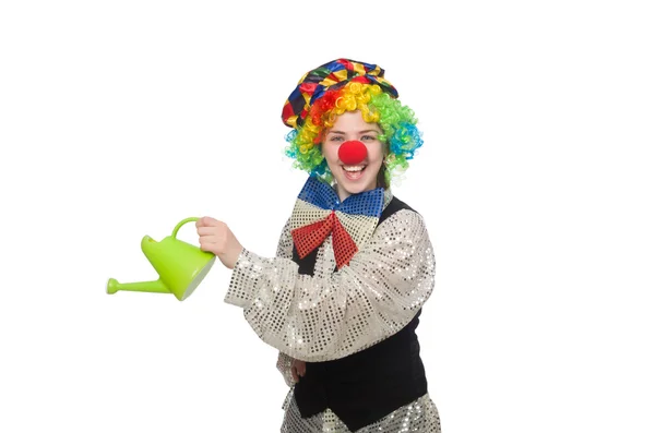 Female clown with watering can isolated on white — Stock Photo, Image