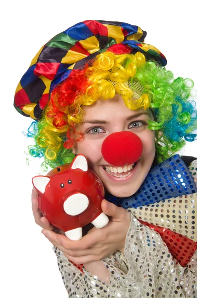 Payaso hembra con moneybox aislado en blanco — Foto de Stock