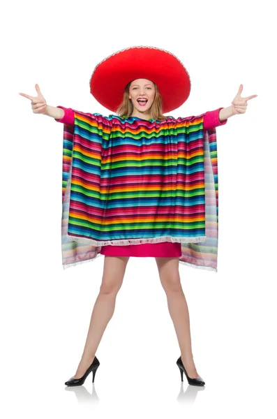 Menina bonita no poncho mexicano isolado no branco — Fotografia de Stock