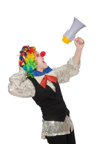 Kvinnlig clown med MegaFon isolerad på vit — Stockfoto