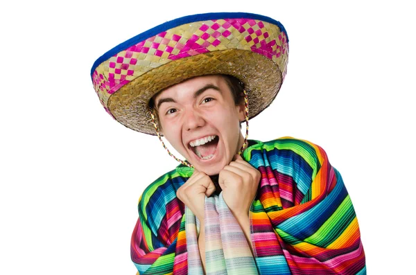 Funny young mexican with false moustache isolated on white — Stock Photo, Image