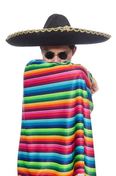 Mexicano engraçado usando poncho isolado no branco — Fotografia de Stock