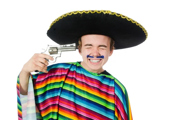 Engraçado jovem mexicano com arma isolada no branco — Fotografia de Stock