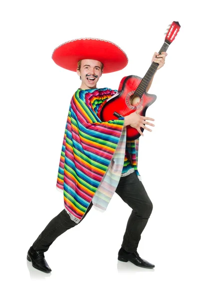 Engraçado jovem mexicano com guitarra isolada em branco — Fotografia de Stock