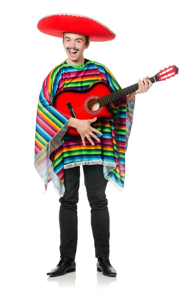 Funny young mexican with guitar isolated on white — Stock Photo, Image