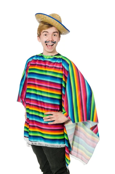 Grappige jonge Mexicaanse met valse snor geïsoleerd op wit — Stockfoto