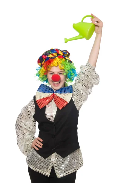 Female clown with watering can isolated on white — Stock Photo, Image