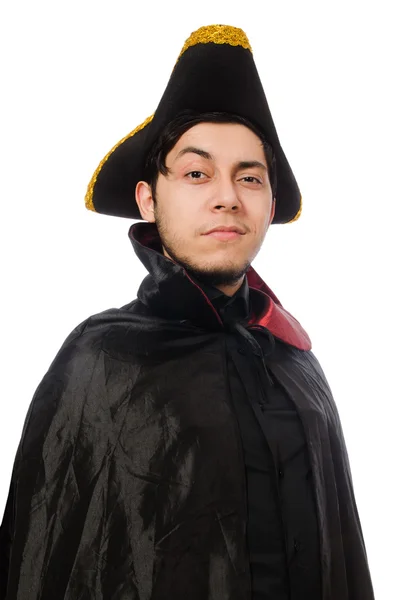 Young man wearing tricorn and coat isolated on white — Stock Photo, Image