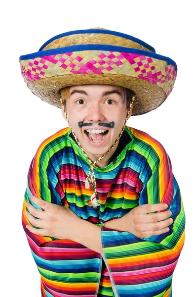 Grappige jonge Mexicaanse met valse snor geïsoleerd op wit — Stockfoto