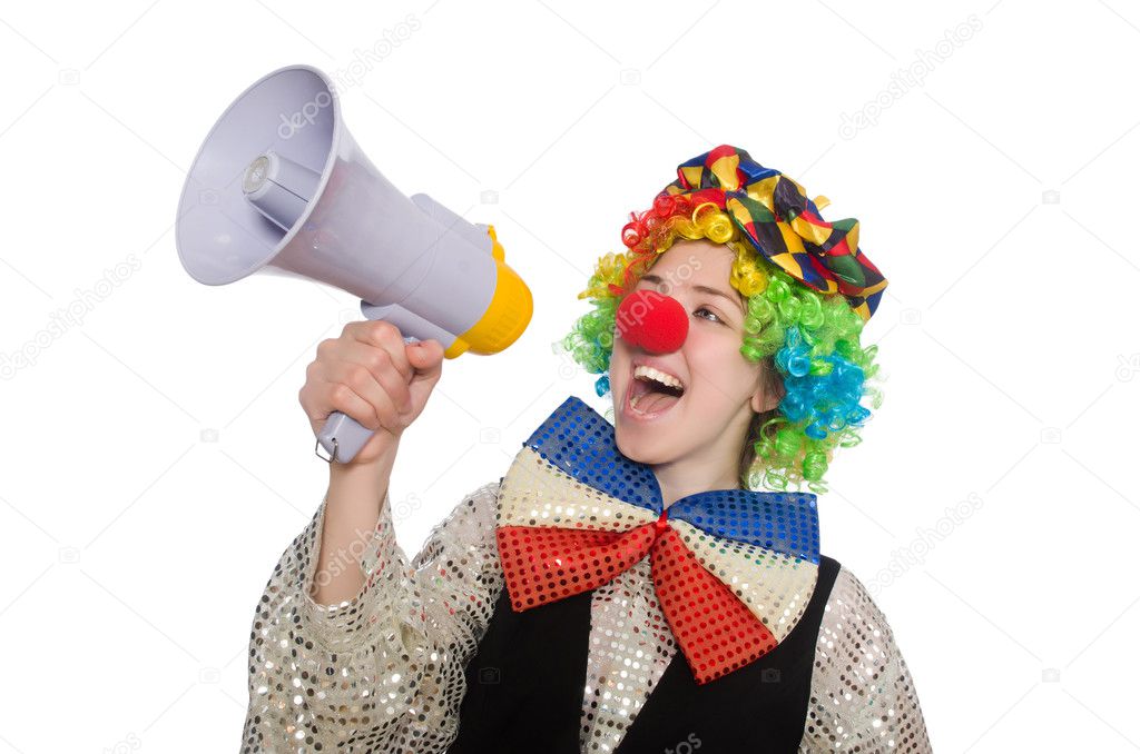 Female clown with megaphone isolated on white