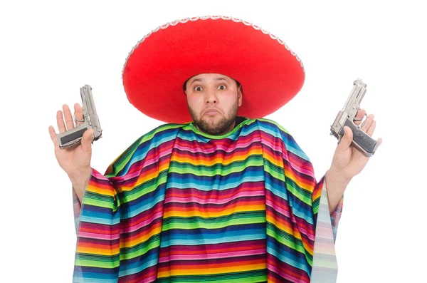 흰색으로 분리 된 권총을 들고 있는 웃긴 멕시코 사람 — 스톡 사진