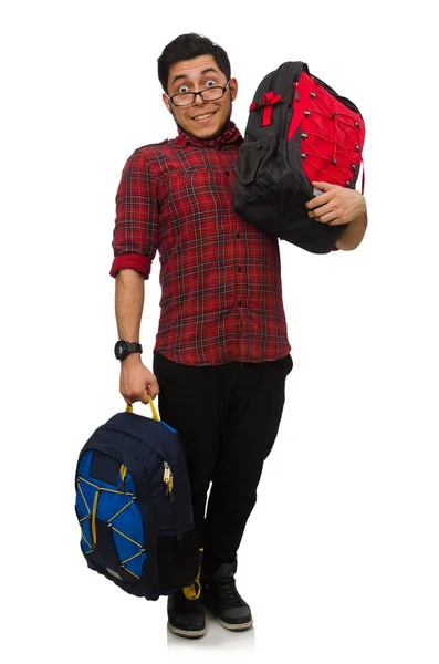 Young man with bags isolated on white — Stock Photo, Image