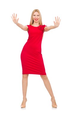 Kırmızı elbiseli sarışın kadın