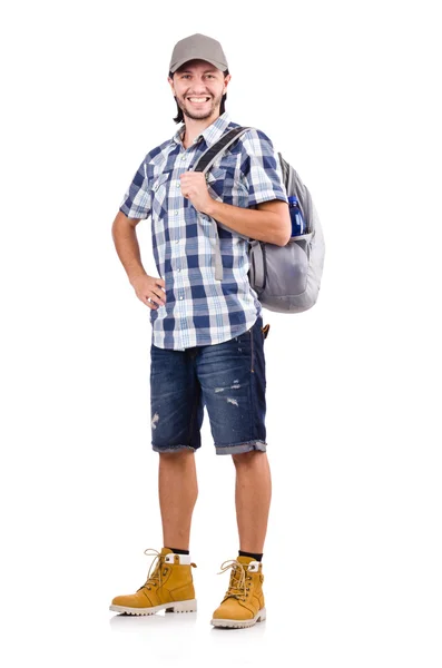 Young traveler with rucksack isolated on white — Stock Photo, Image