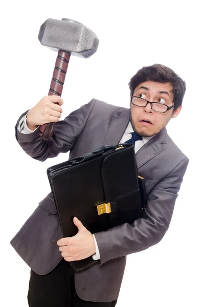 Homem de negócios segurando martelo isolado no branco — Fotografia de Stock