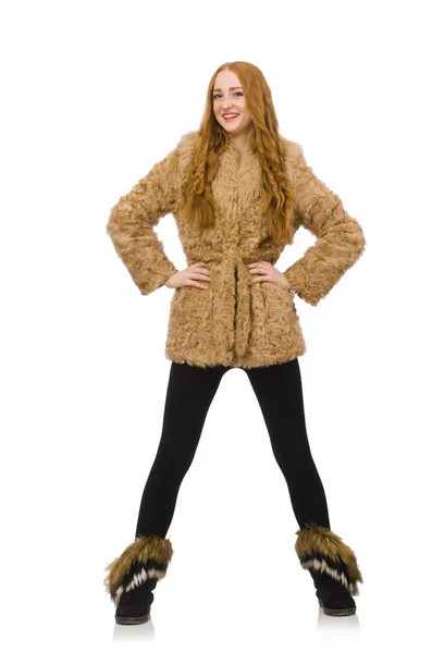 Redhead girl in fur coat isolated on white — Stock Photo, Image