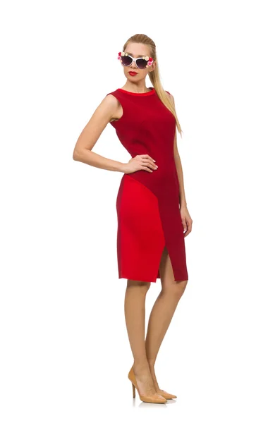 Pretty young woman in red dress isolated on white — Stock Photo, Image