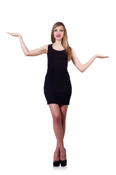 Young blond girl in black  dress holding solated on white — Stock Photo, Image