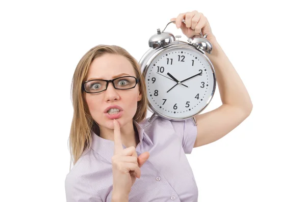 Joven empleado sosteniendo reloj despertador aislado en blanco — Foto de Stock