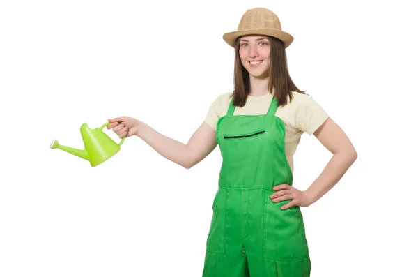 Donna con acqua può isolato su bianco — Foto Stock