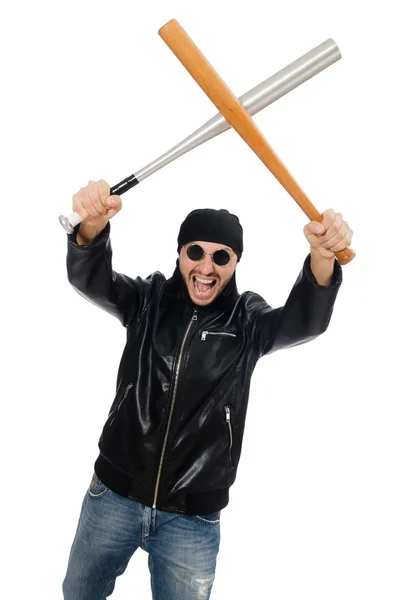 Aggressive man with baseball bat on white — Stock Photo, Image