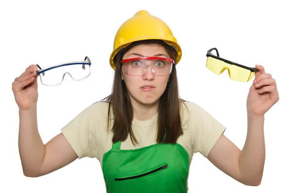 Femme portant un casque dur isolé sur blanc — Photo