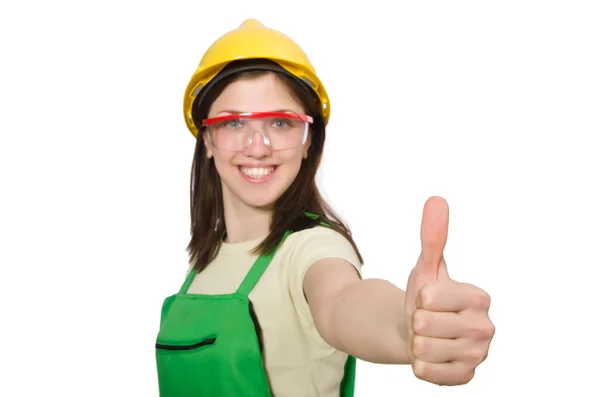 Woman wearing hard hat isolated on white — Stock Photo, Image