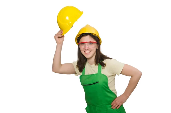 Woman wearing hard hat isolated on white — Stock Photo, Image