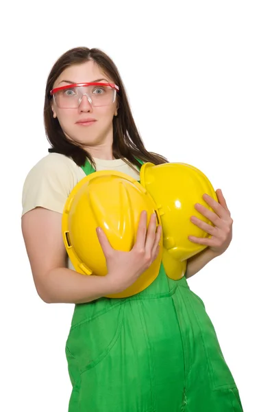 Mulher usando chapéu duro isolado no branco — Fotografia de Stock