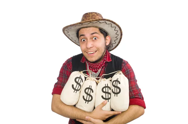 Jovem cowboy com sacos de dinheiro isolado em branco — Fotografia de Stock