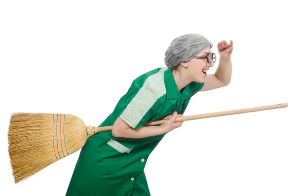 Woman with sweeping brush isolated on white — Stock Photo, Image