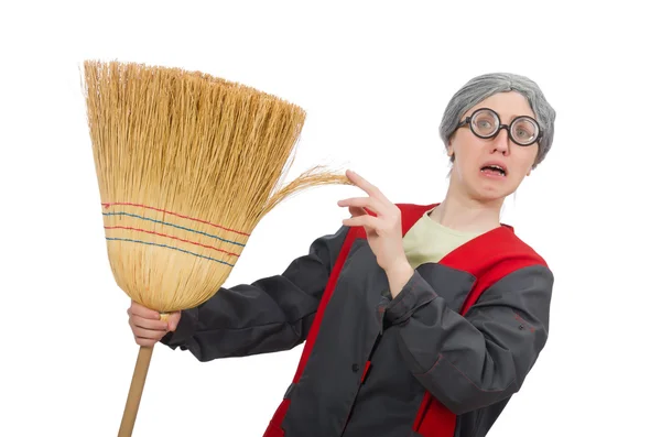 Femme avec brosse balayante isolée sur blanc — Photo