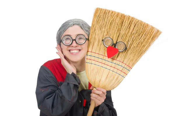 Mulher com escova de varredura isolada em branco — Fotografia de Stock