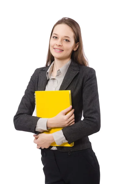 Signora di lavoro con carta isolata su bianco — Foto Stock