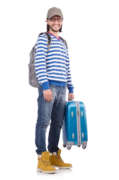 年轻的行人与上白色孤立的旅行箱 — 图库照片
