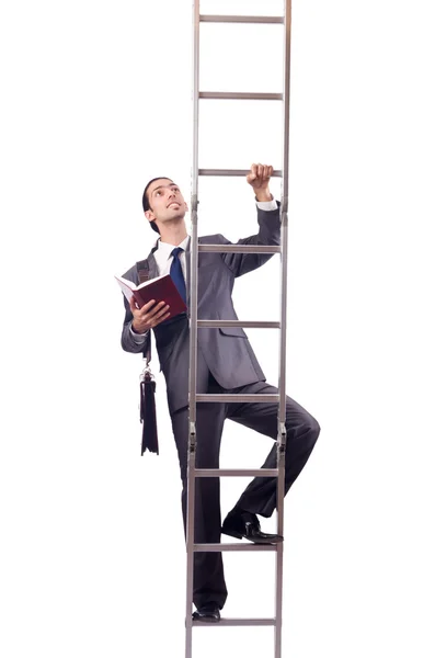 Zakenman klimmend op de ladder geïsoleerd op wit — Stockfoto