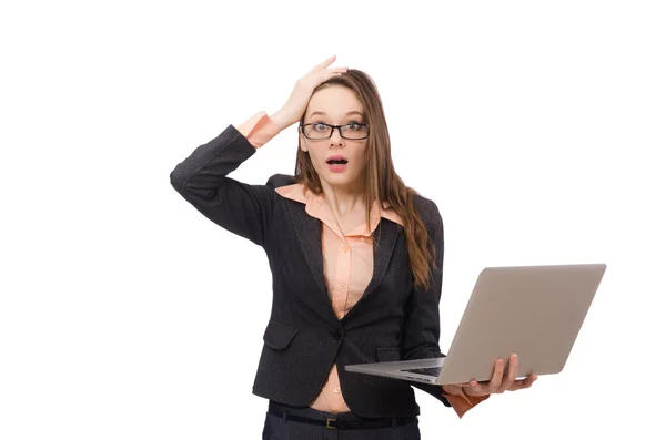 Werkvrouw met laptop geïsoleerd op wit — Stockfoto