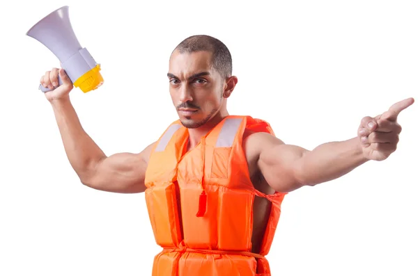 Man wearing vest with loudspeaker — Stock Photo, Image