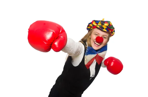 Hübsche Clownin mit Boxhandschuhen — Stockfoto