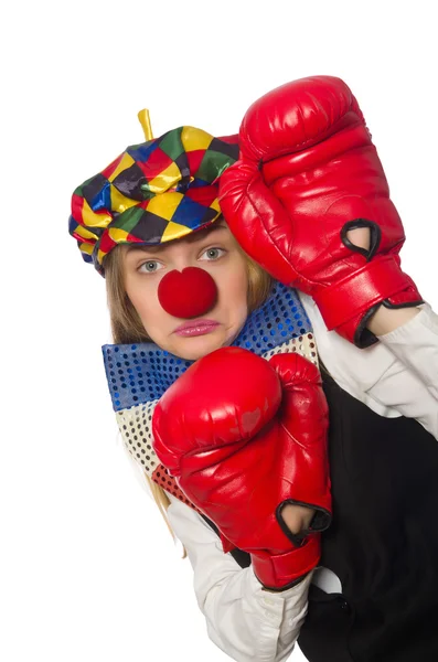 Bonita mujer payaso con guantes de caja — Foto de Stock