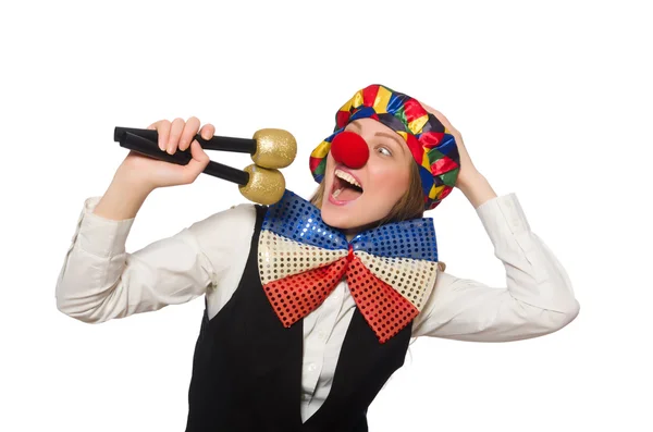 Hübsche Clownin mit Maracas auf Weiß — Stockfoto