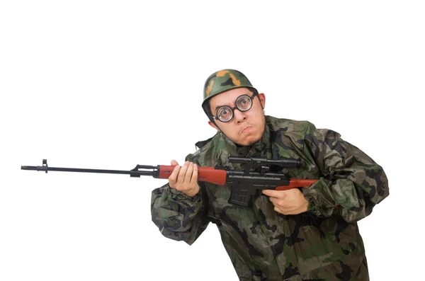 Uomo militare con una pistola isolata su bianco — Foto Stock