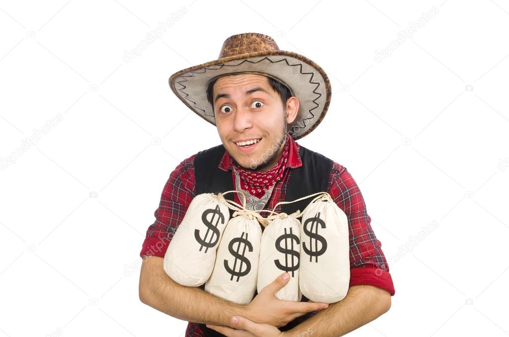 Young cowboy with money bags isolated on white